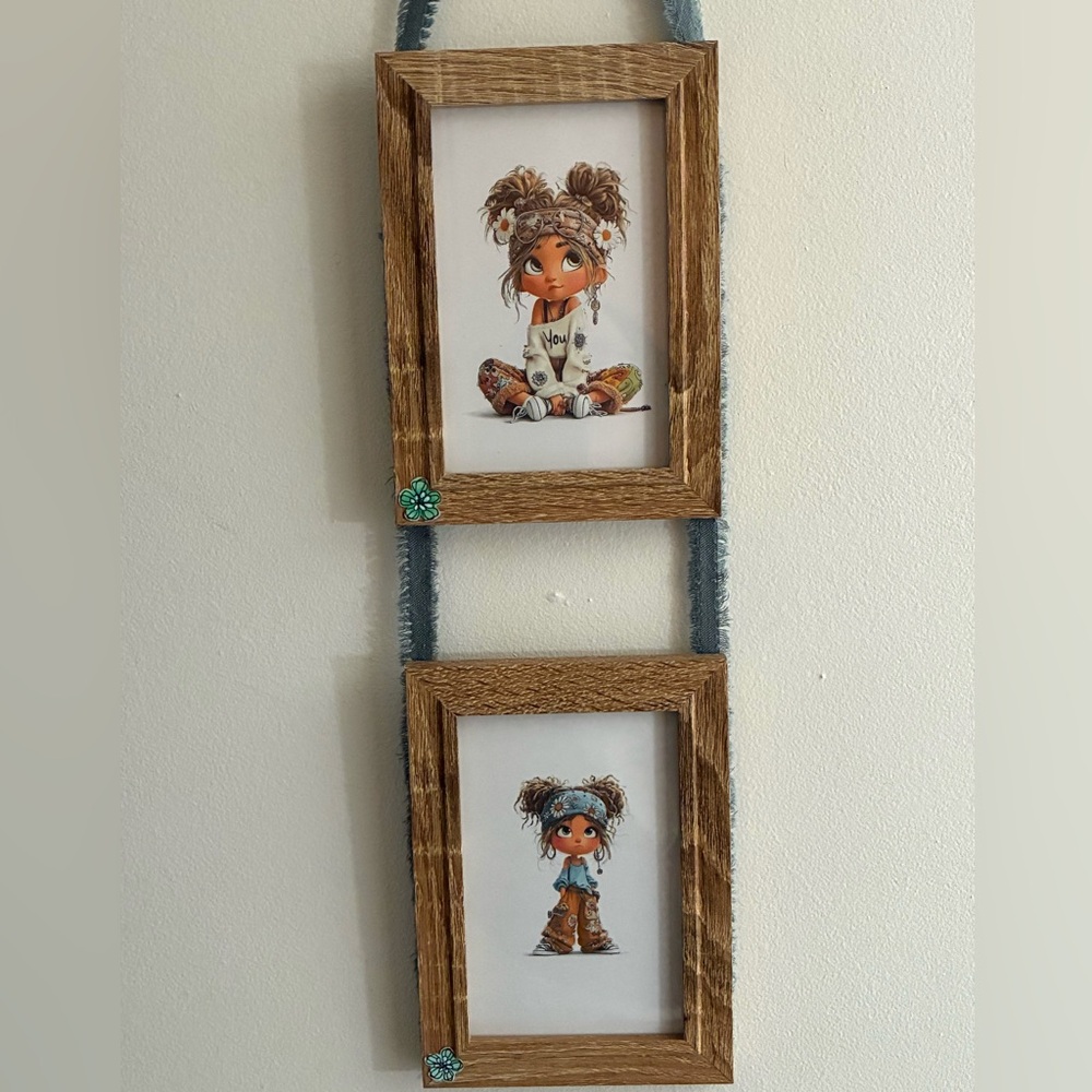 Handcrafted Rustic Double Hanging Wood Frames with Cute Character Prints